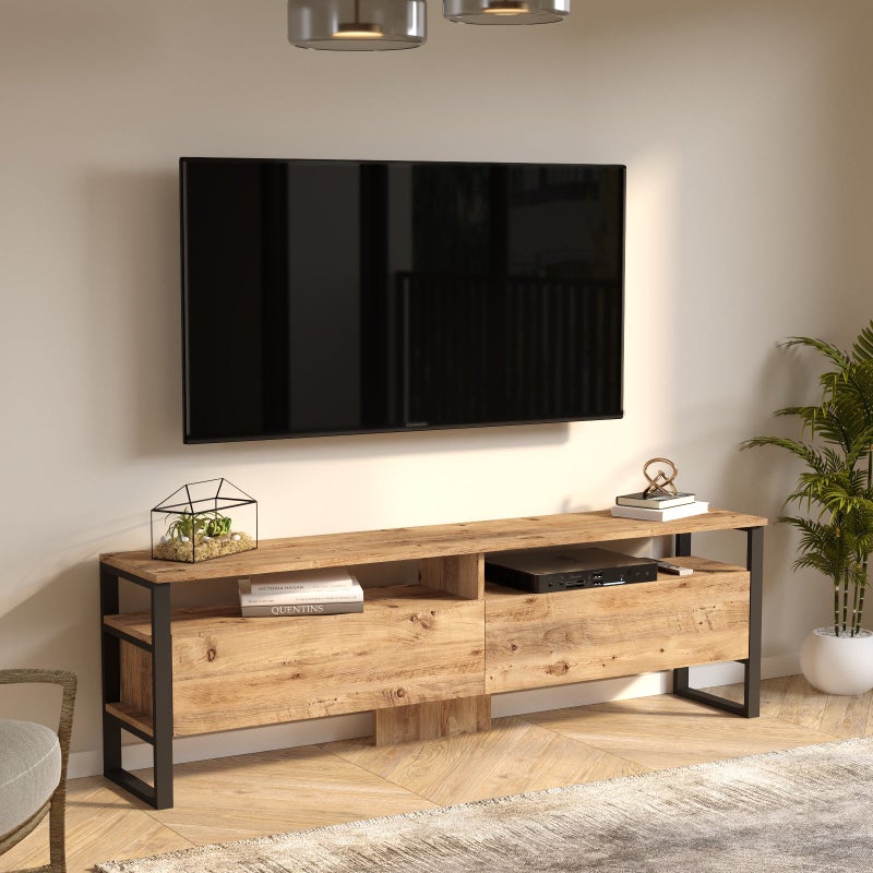 Home Canvas Royal TV Unit – Pine Wood Finish | Modern TV Stand with Metal Legs | Upto 75 inch TV - Image 1
